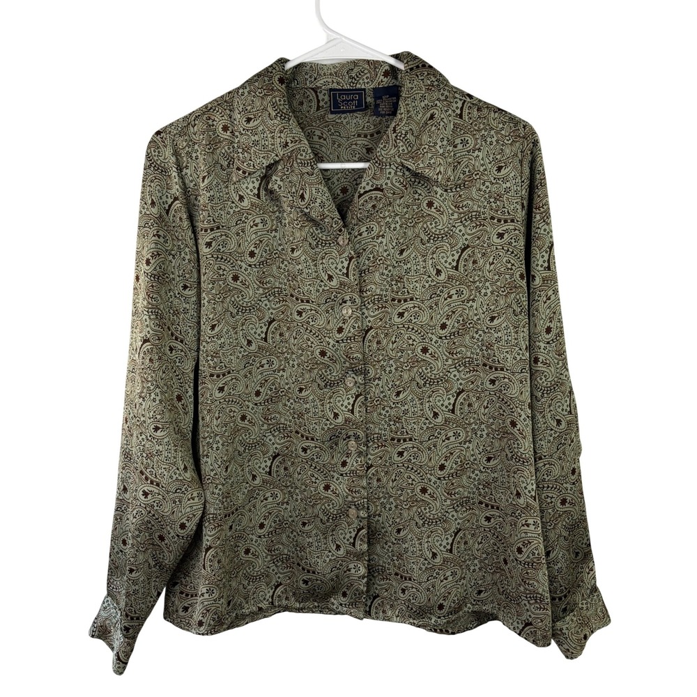 Laura Scott Petite Paisley Blouse Sage Green Brown Long Sleeve Button Up 12P